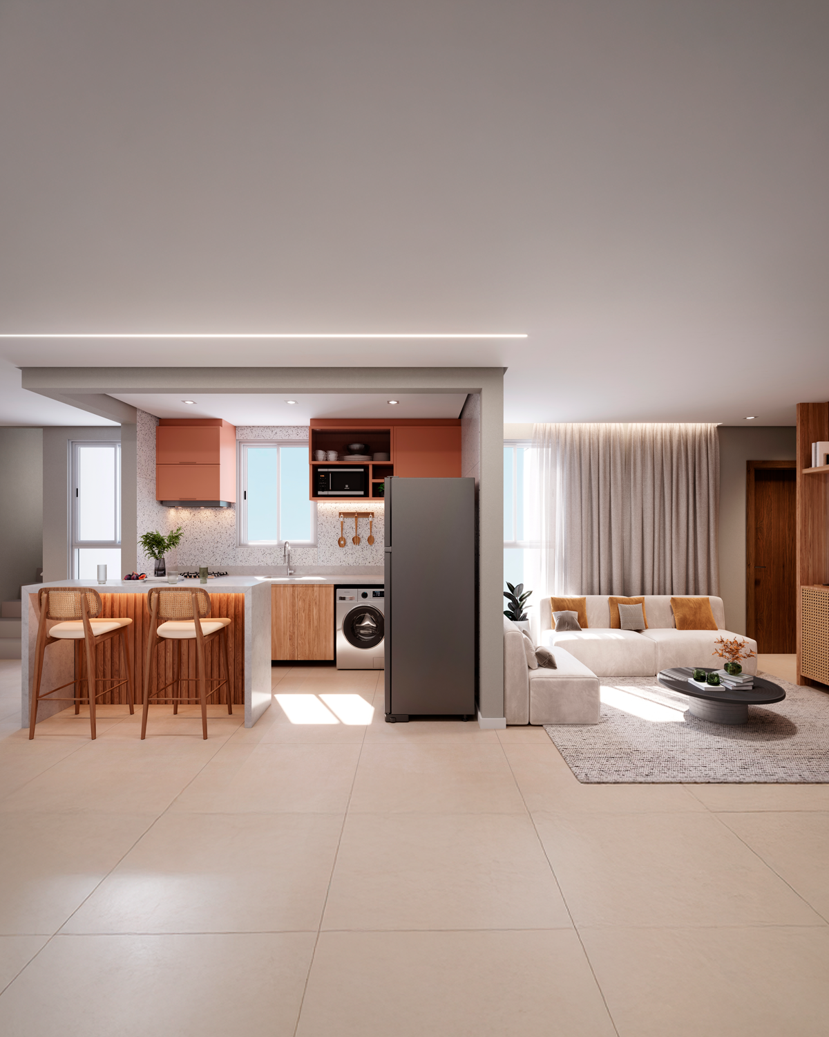 Perspectiva 3D - cobertura (Sala + cozinha)